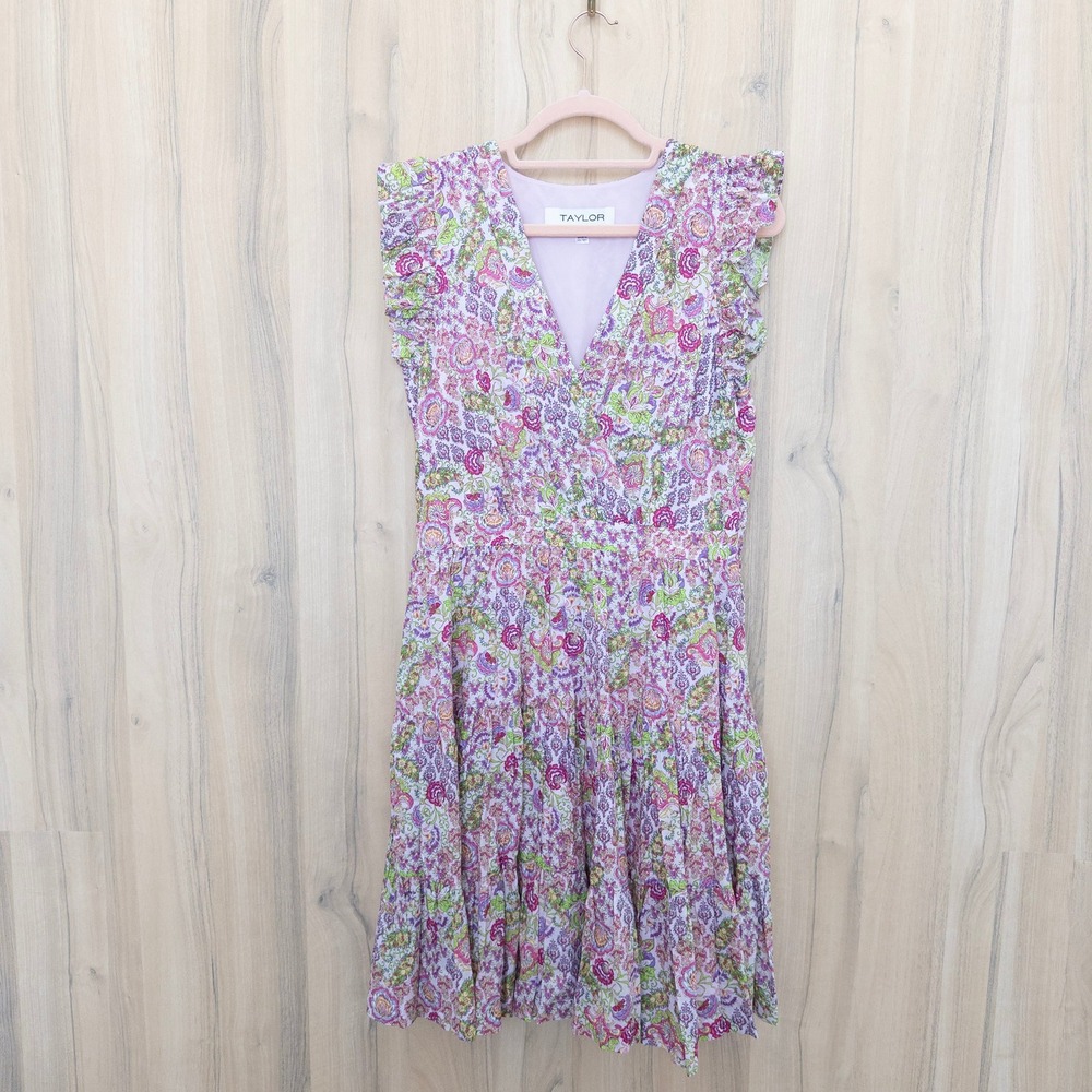 Taylor Floral Dress Size 10 Pink Paisley Ruffle Sleeve Tiered Cotton Cottagecore